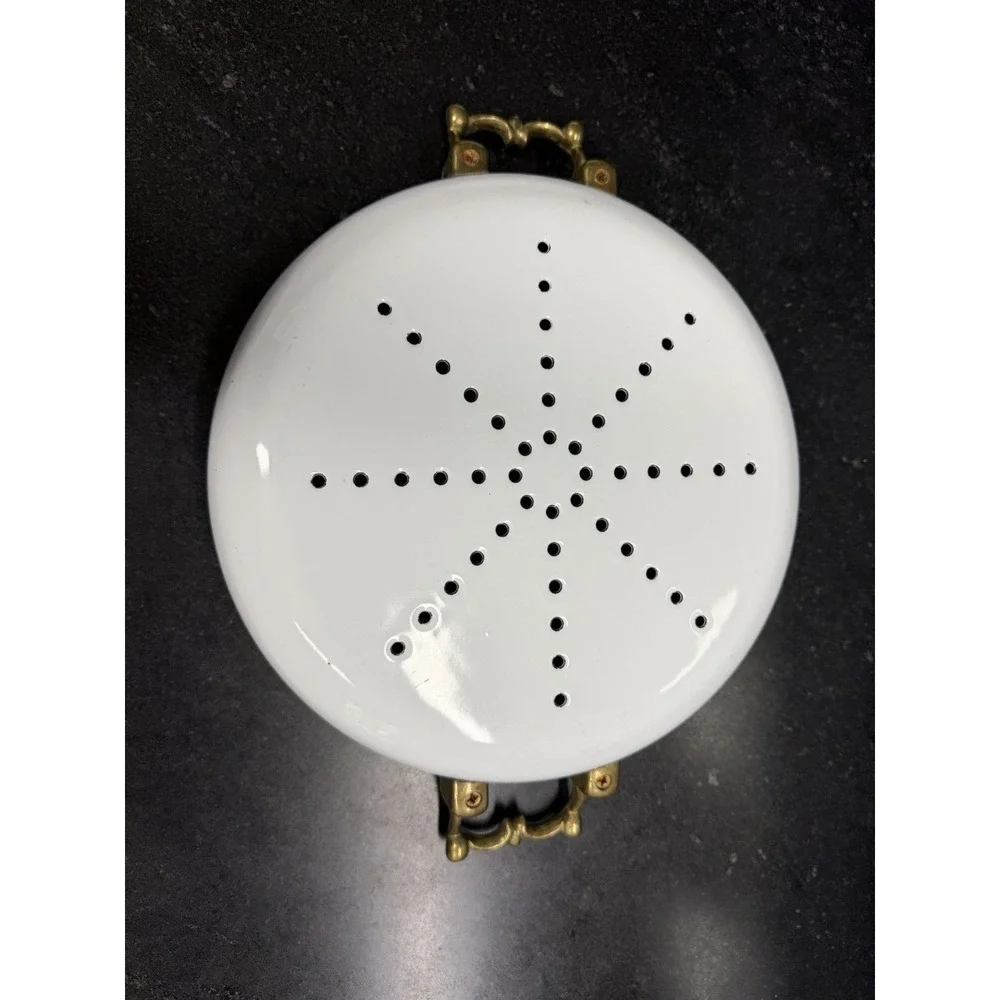 Vintage Bon Chef White Enamel Steamer Pan w Lid Brass Handles Buffet Ware